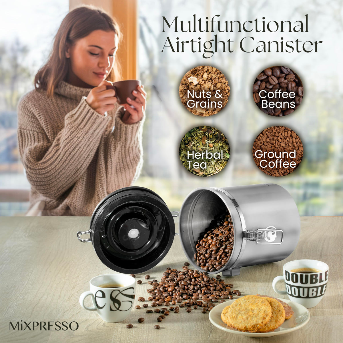 Mixpresso airtight clamp lid seals to keep coffee fresh