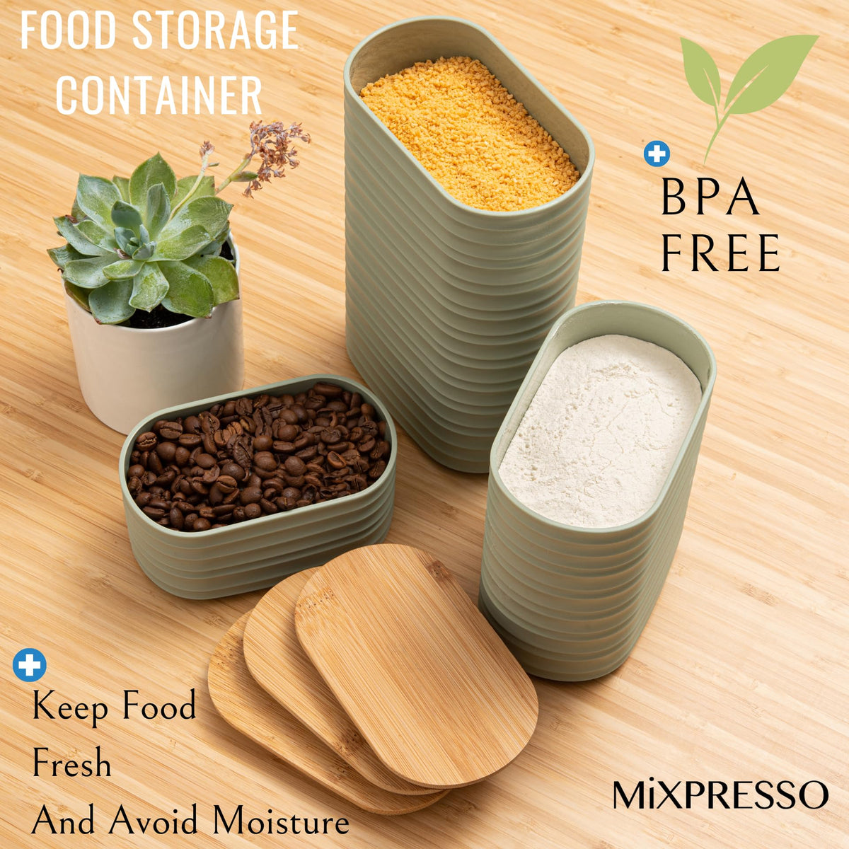 Bamboo lids with silicone seal on Mixpresso jars for airtight feel