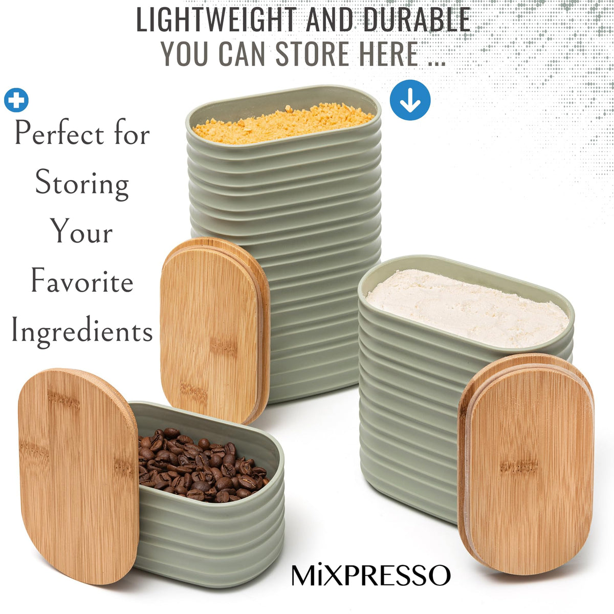 Close-up of bamboo lids on Mixpresso canisters