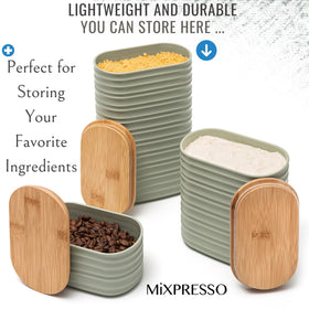Close-up of bamboo lids on Mixpresso canisters
