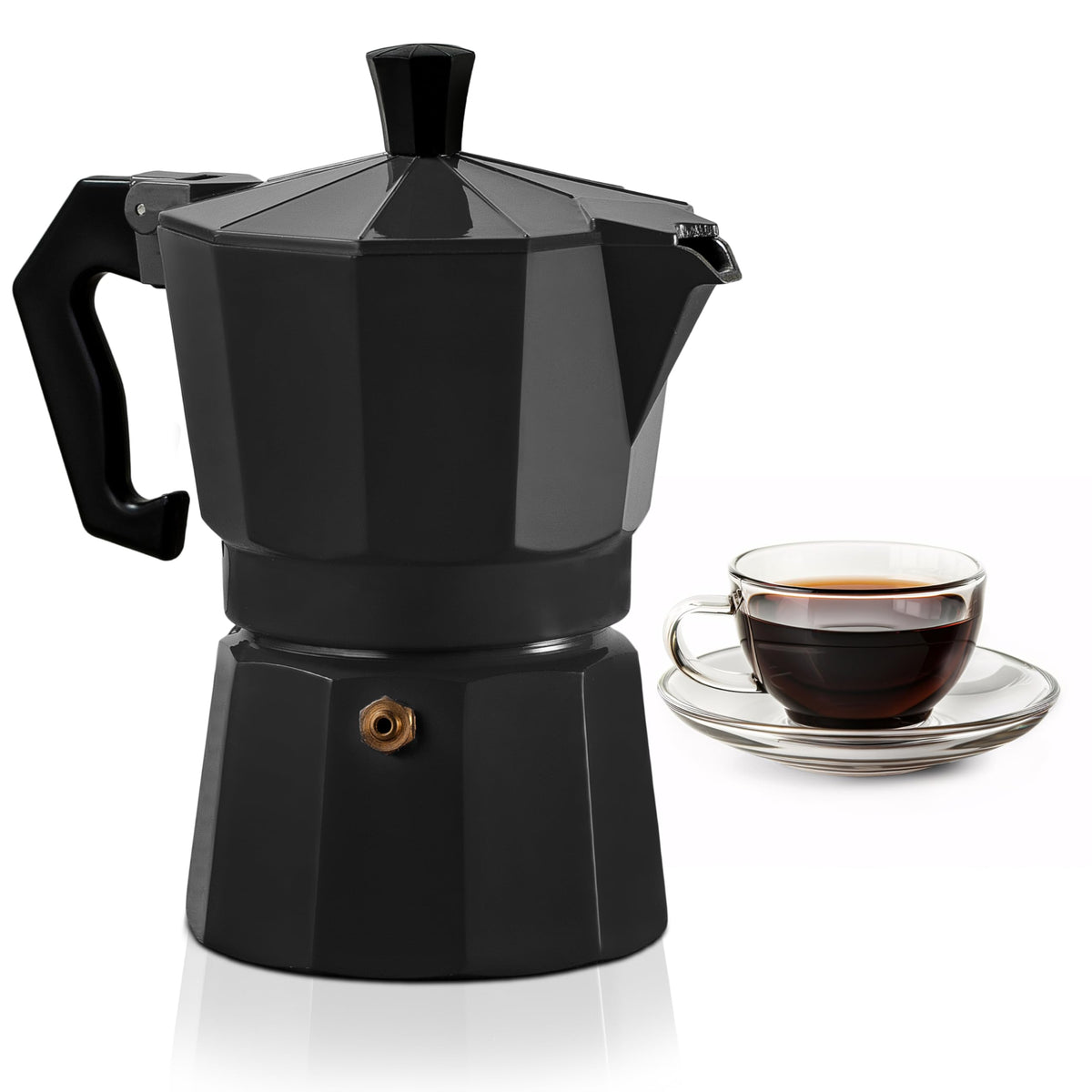 Mixpresso Black 3-Cup Moka Pot on stove ready for rich espresso.