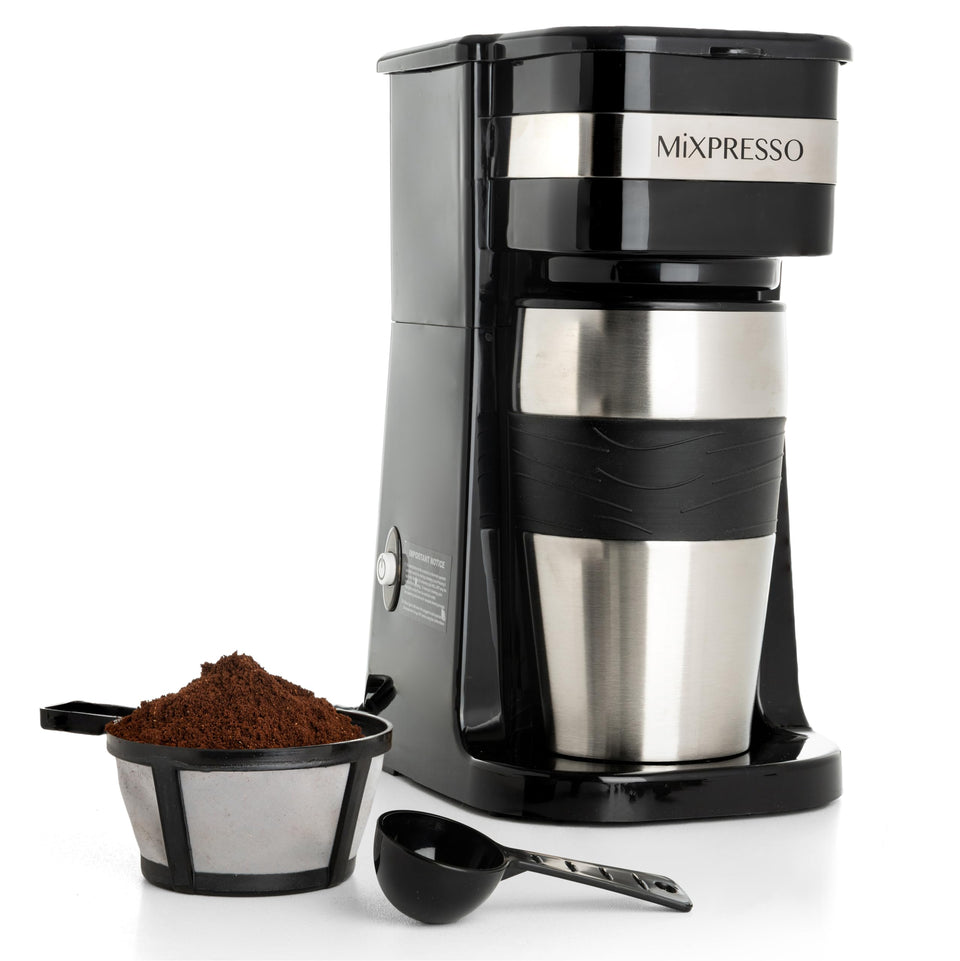Mixpresso black personal coffee maker front view highlights compact design for small spaces.