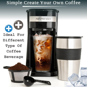 Mixpresso black personal coffee maker on desk demonstrates convenient single-serve use.
