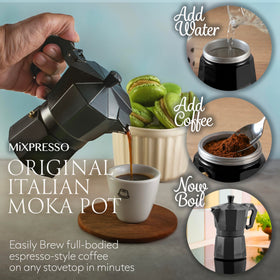 Mixpresso brews in 3-5 minutes on medium heat for bold espresso.