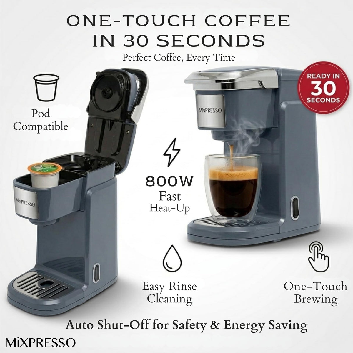 Mixpresso coffee brewer with K-Cup compatibility for convenient pod brewing.