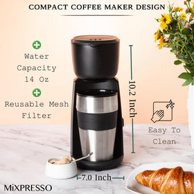 Mixpresso coffee maker brew base highlights quick single-serve brewing.