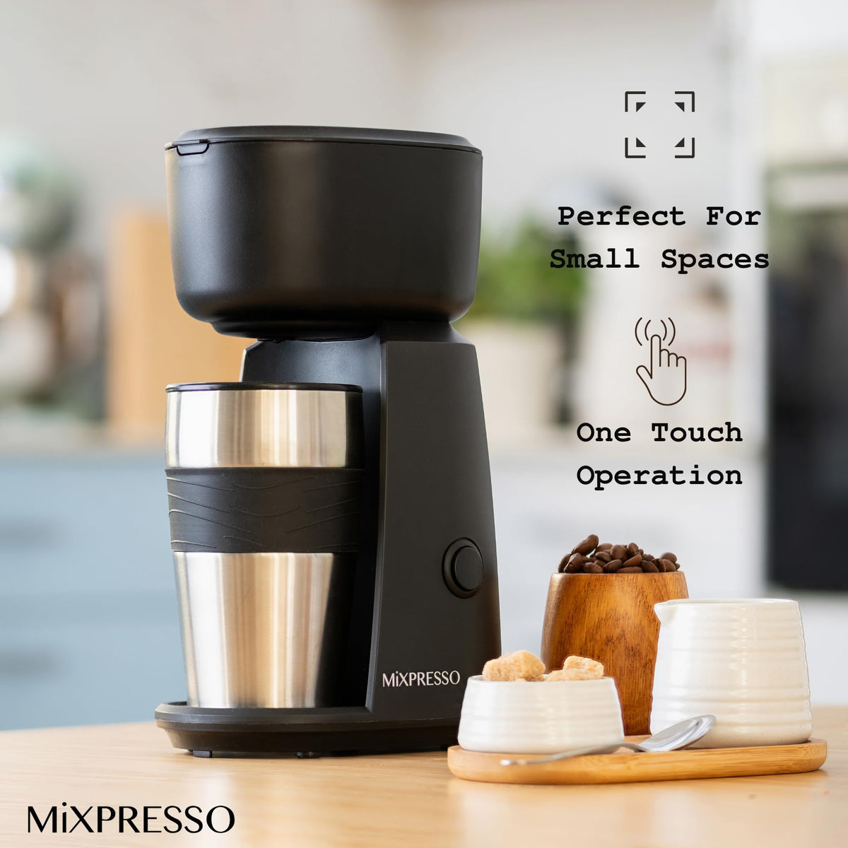 Mixpresso compact design on countertop, fits in tight spaces.