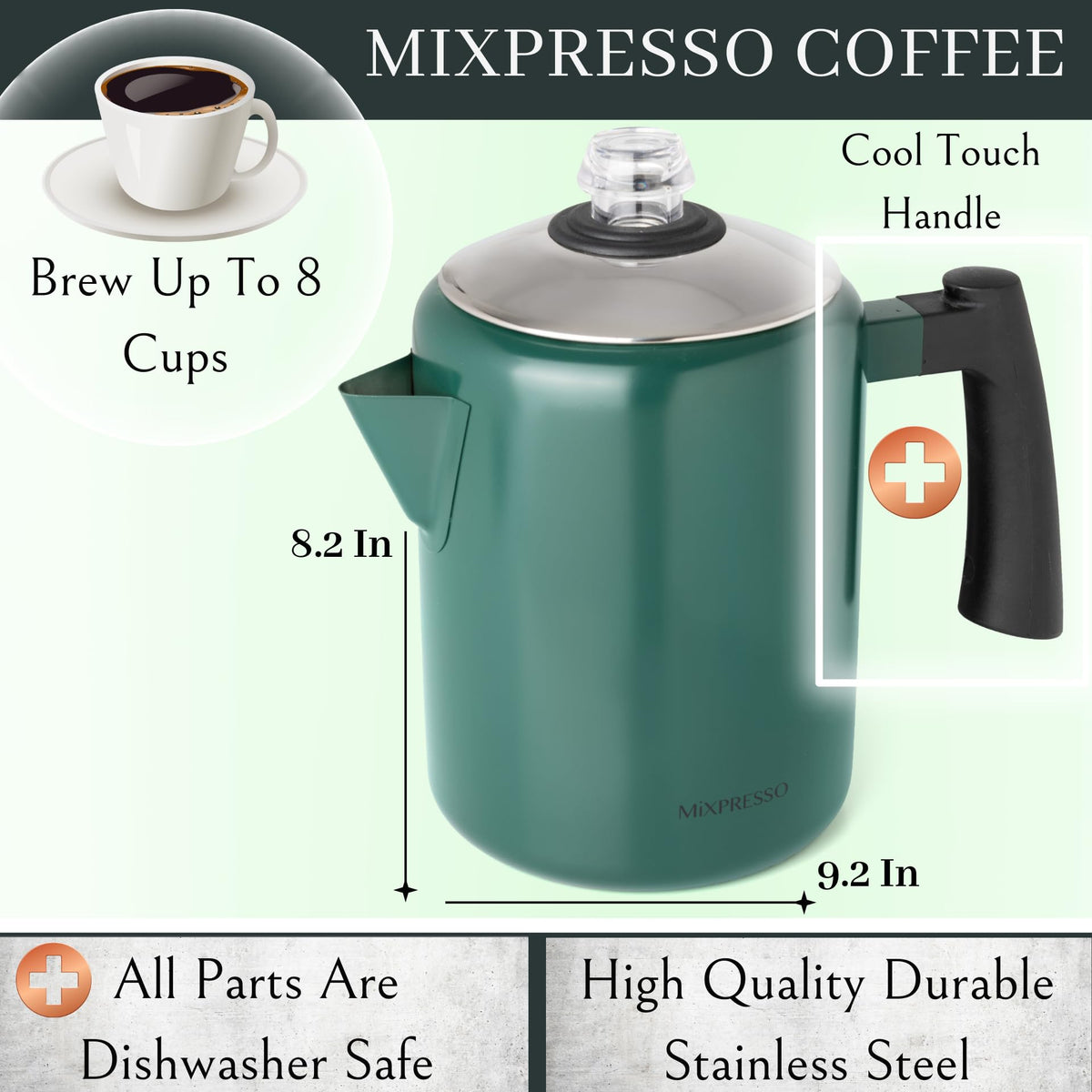 Mixpresso cool-touch handle stovetop percolator designed for safe handling.