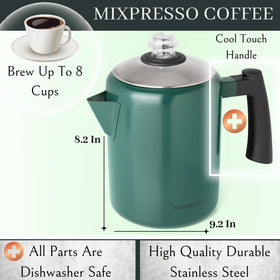 Mixpresso cool-touch handle stovetop percolator designed for safe handling.