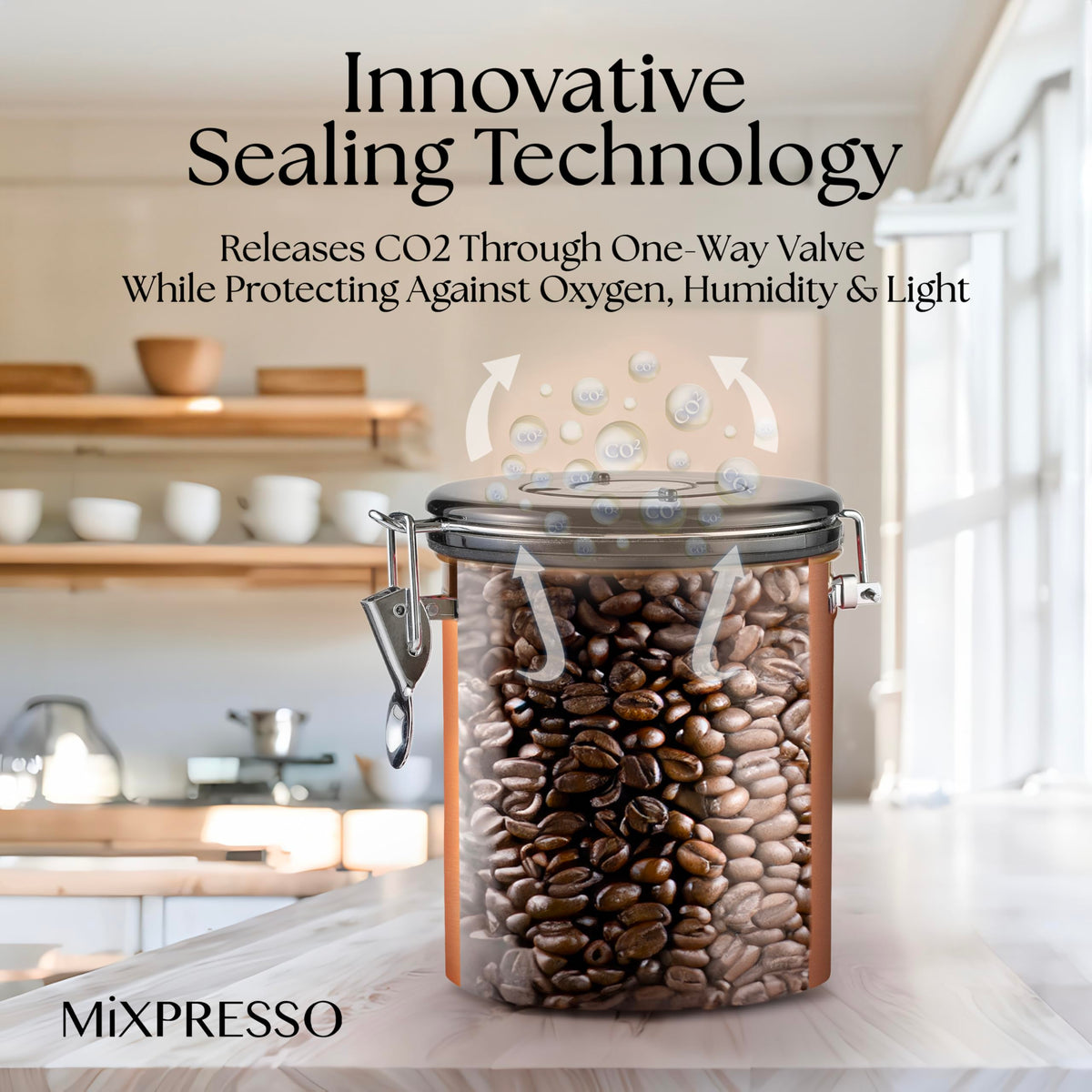 Mixpresso airtight seal image showing protection from light and air.