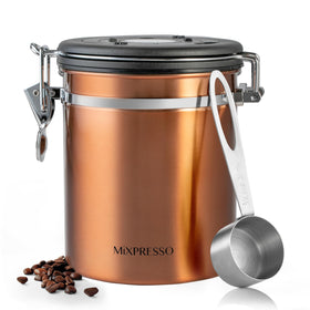 Mixpresso Copper 16 oz canister closeup shows the CO2 valve for airtight freshness.