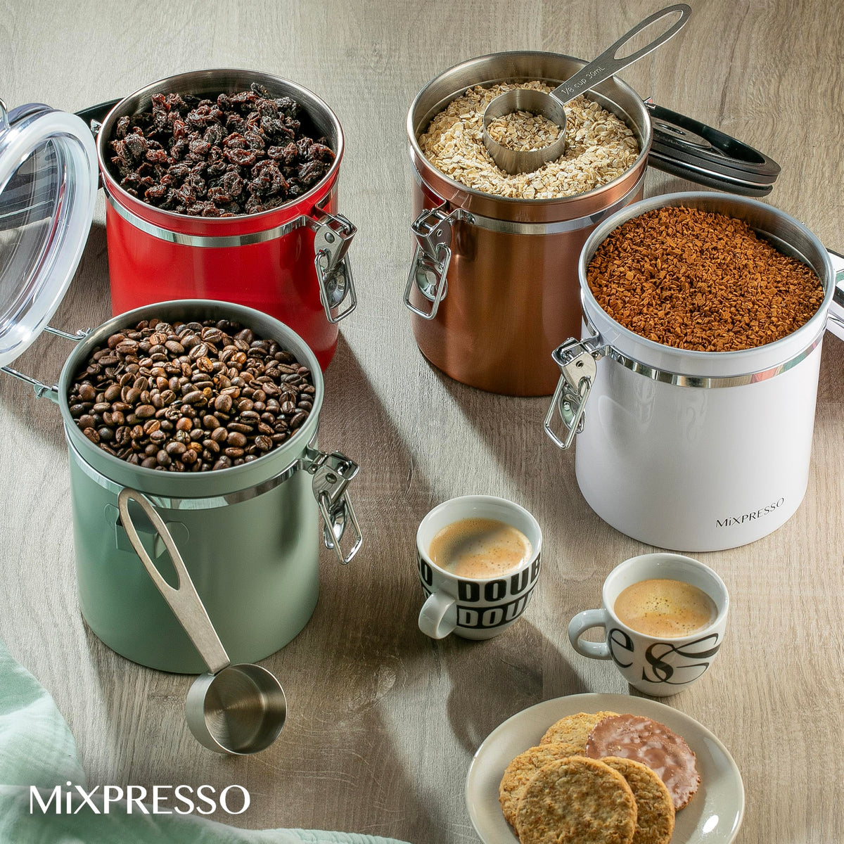 Mixpresso included coffee scoop shown with the 16 oz canister.