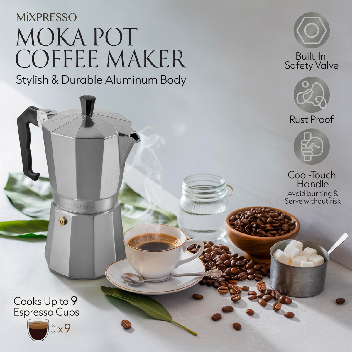 Mixpresso Cuban coffee maker shown brewing on a burner with crema.