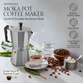 Mixpresso Cuban coffee maker shown brewing on a burner with crema.