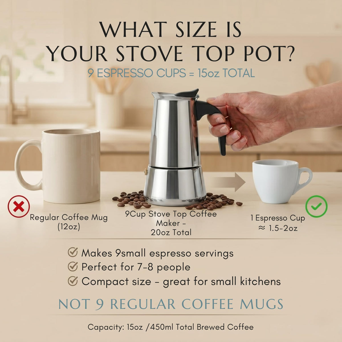 Mixpresso espresso brew yields 15oz total in classic demitasse cups.