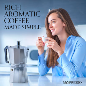 Mixpresso 9-Cup Cuban coffee maker ideal for latte or cappuccino bases.