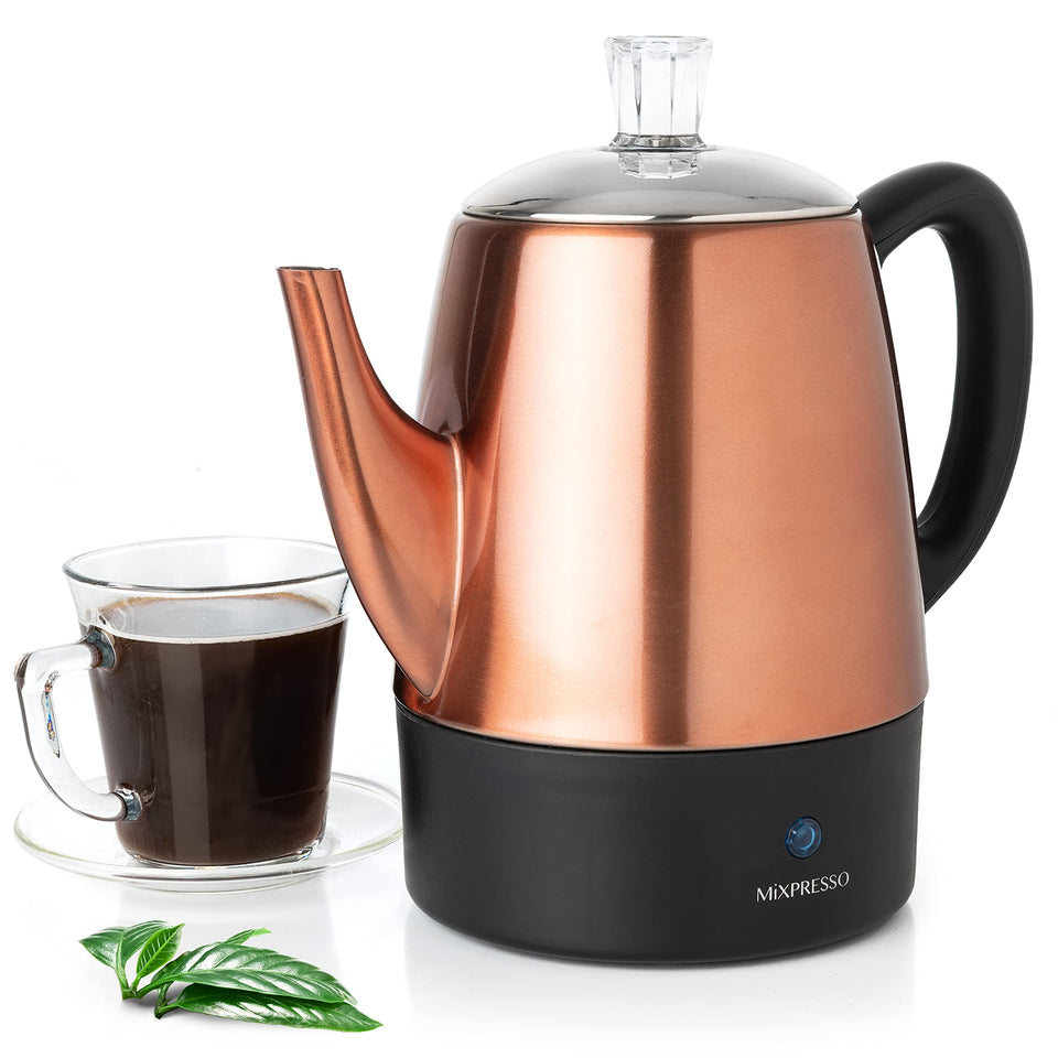 Mixpresso four-cup percolator with lid open for easy filling and cleaning.