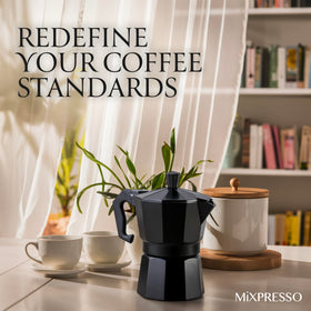 Mixpresso compatible with gas and electric stovetops for versatile use.