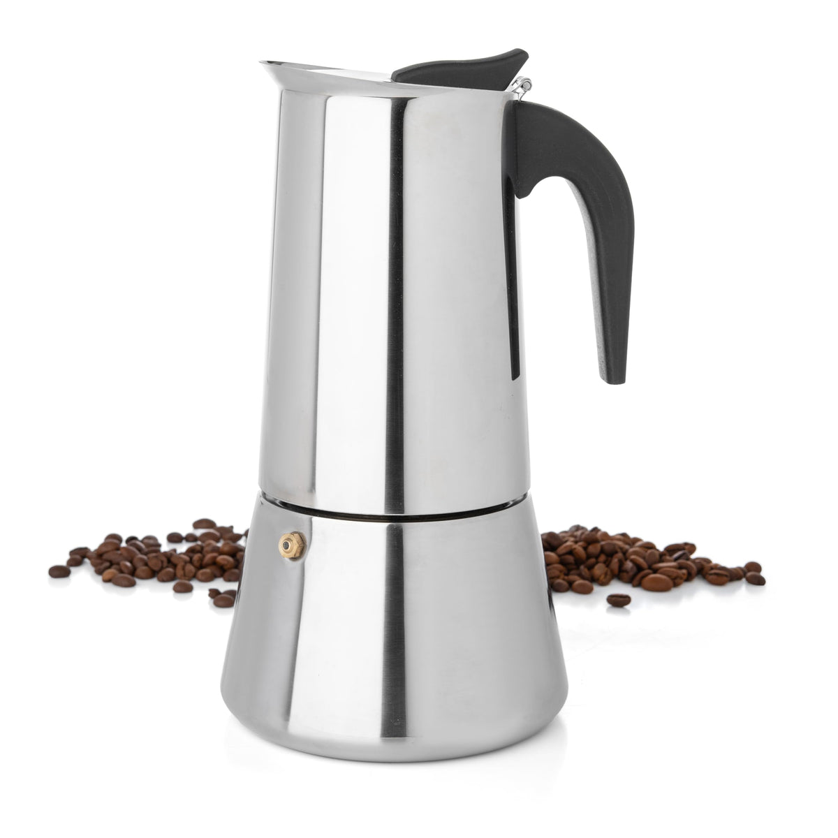 Mixpresso Greca pot front view showing 12-cup capacity for stovetop coffee.