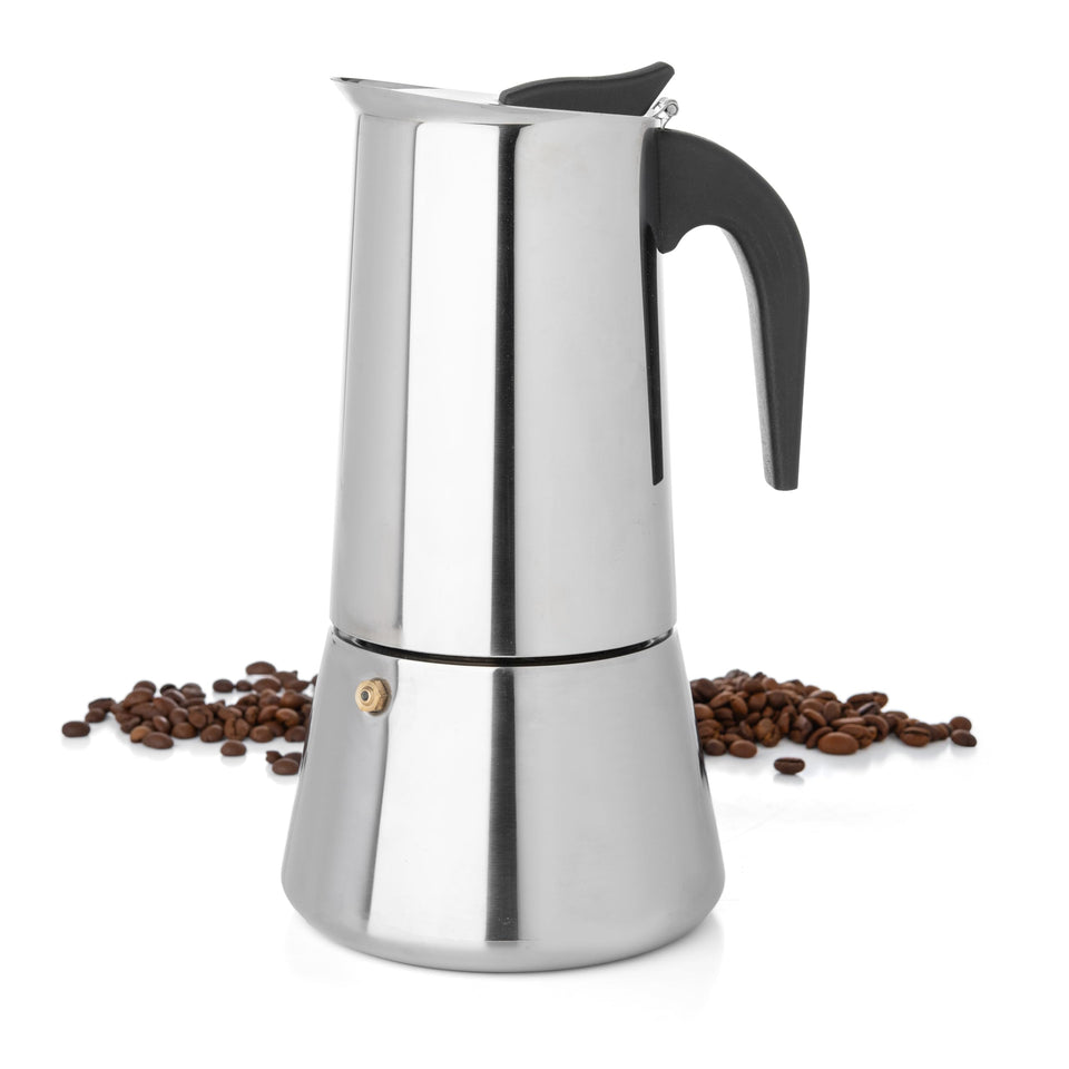 Mixpresso Greca pot front view showing 12-cup capacity for stovetop coffee.