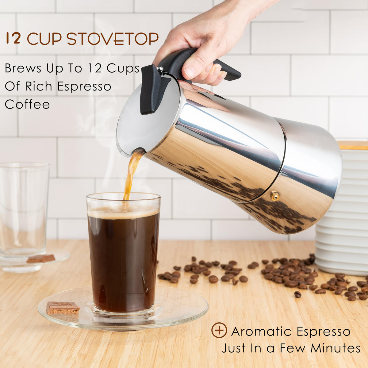 Mixpresso Greca pot side view highlighting stainless steel construction for durability.