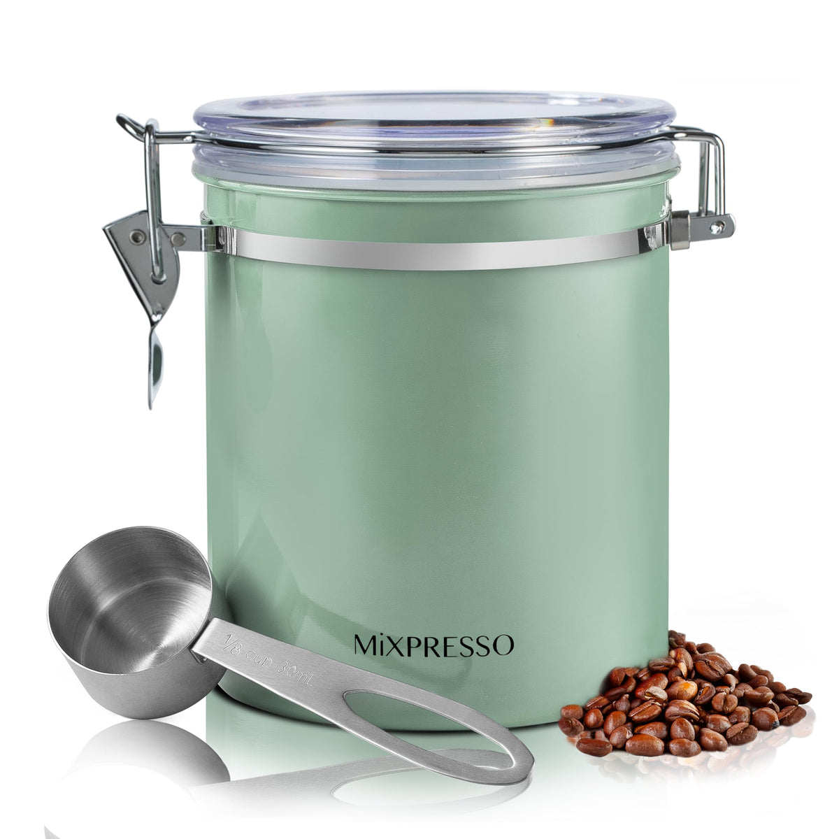 Mixpresso green coffee canister 16oz with airtight seal keeps grounds fresh.