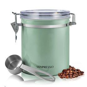 Mixpresso green coffee canister 16oz with airtight seal keeps grounds fresh.