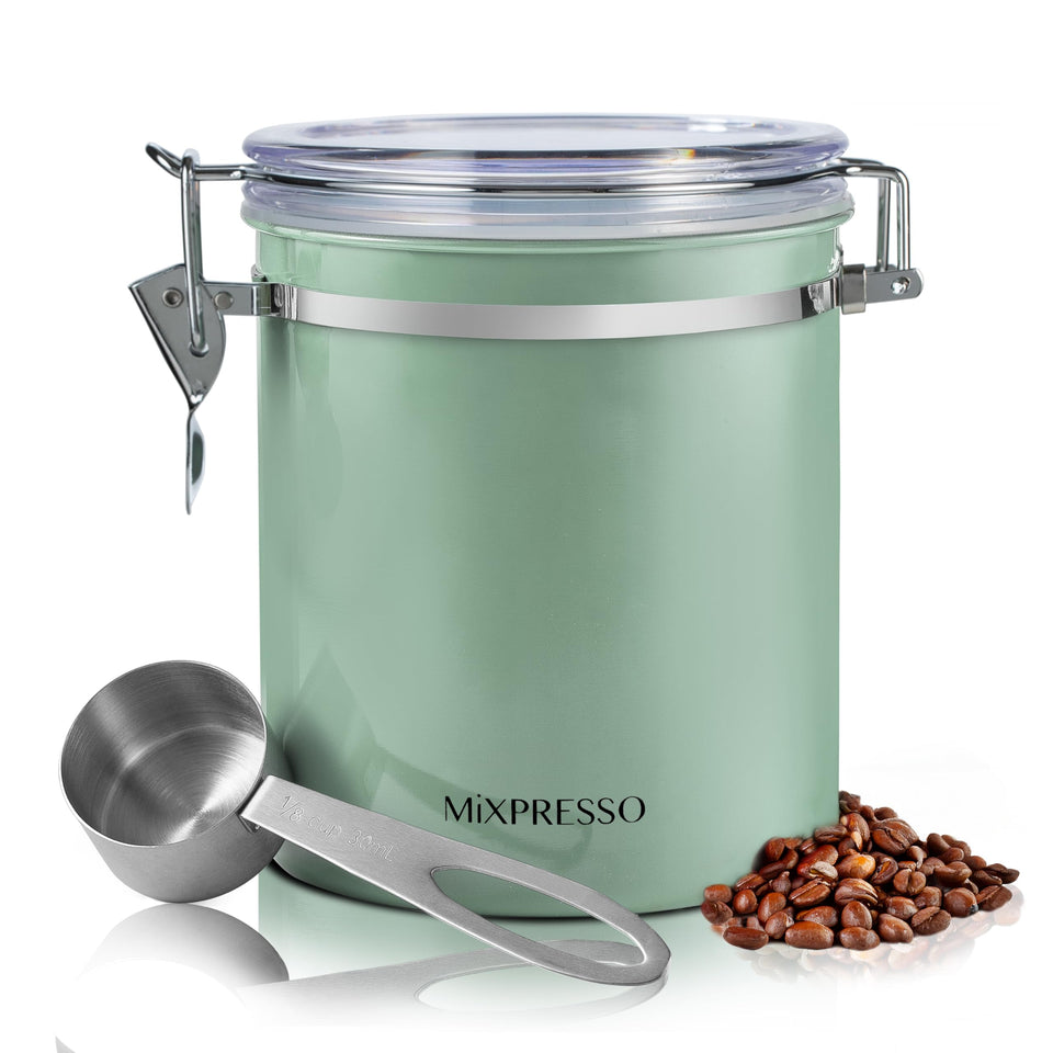 Mixpresso green coffee canister 16oz with airtight seal keeps grounds fresh.
