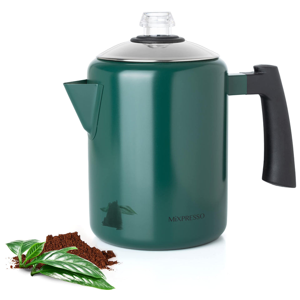 Mixpresso green stainless steel coffee percolator on stove with classic flavor potential.