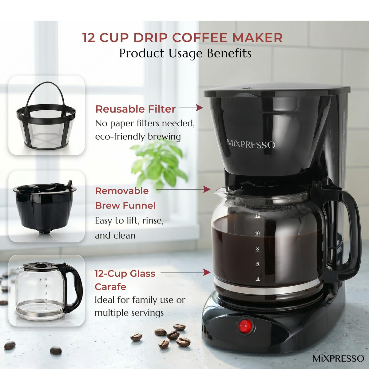 Mixpresso illuminated on-off switch for quick, visible brewing at a glance.