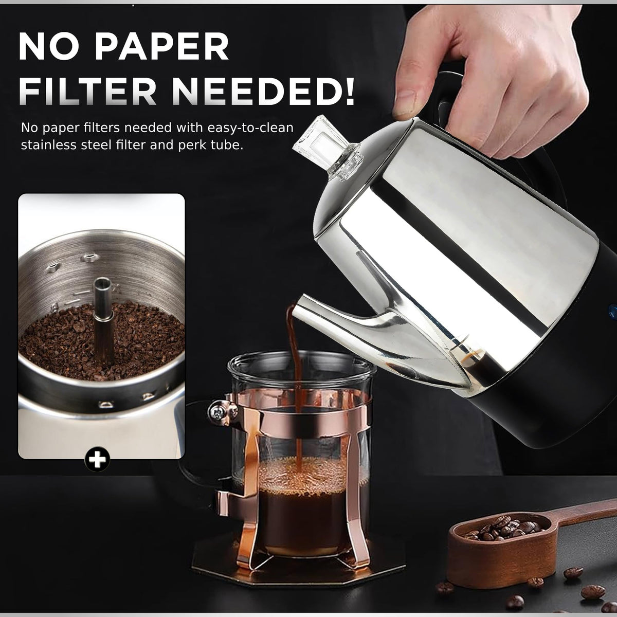 Indicator light glows as coffee approaches readiness during percolation