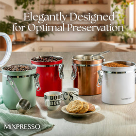 Compact Mixpresso kitchen storage canister keeps dry goods organized.