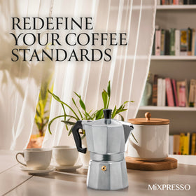 Mixpresso Moka Pot aluminum body offers lightweight durability.