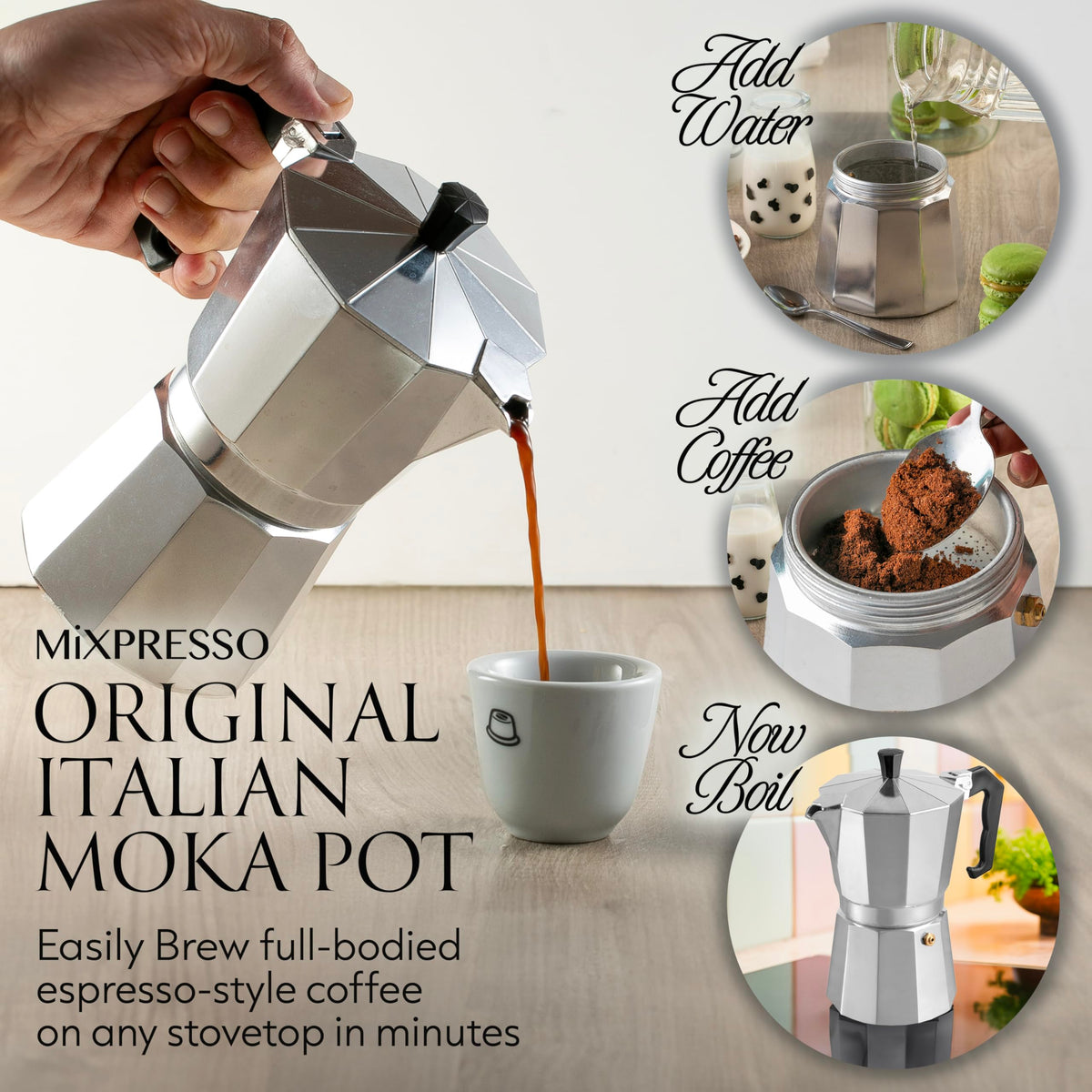Mixpresso moka pot in brew progress on stove for quick espresso