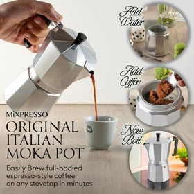 Mixpresso moka pot in brew progress on stove for quick espresso