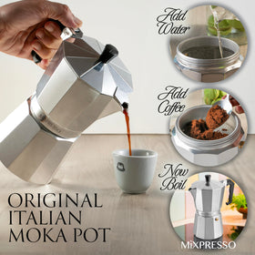 Mixpresso moka pot with durable aluminum octagon design and aroma.