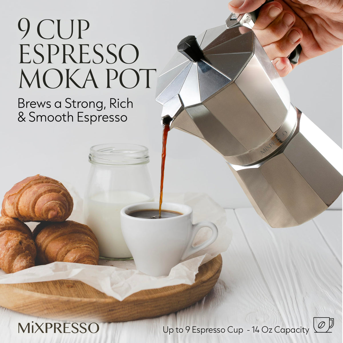 Mixpresso moka pot with finger-grip handle for secure pouring.