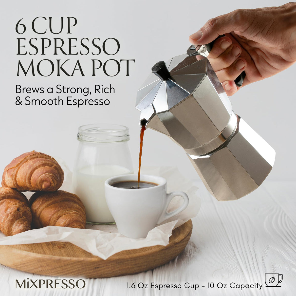 Mixpresso moka pot handle close-up highlighting secure finger grip