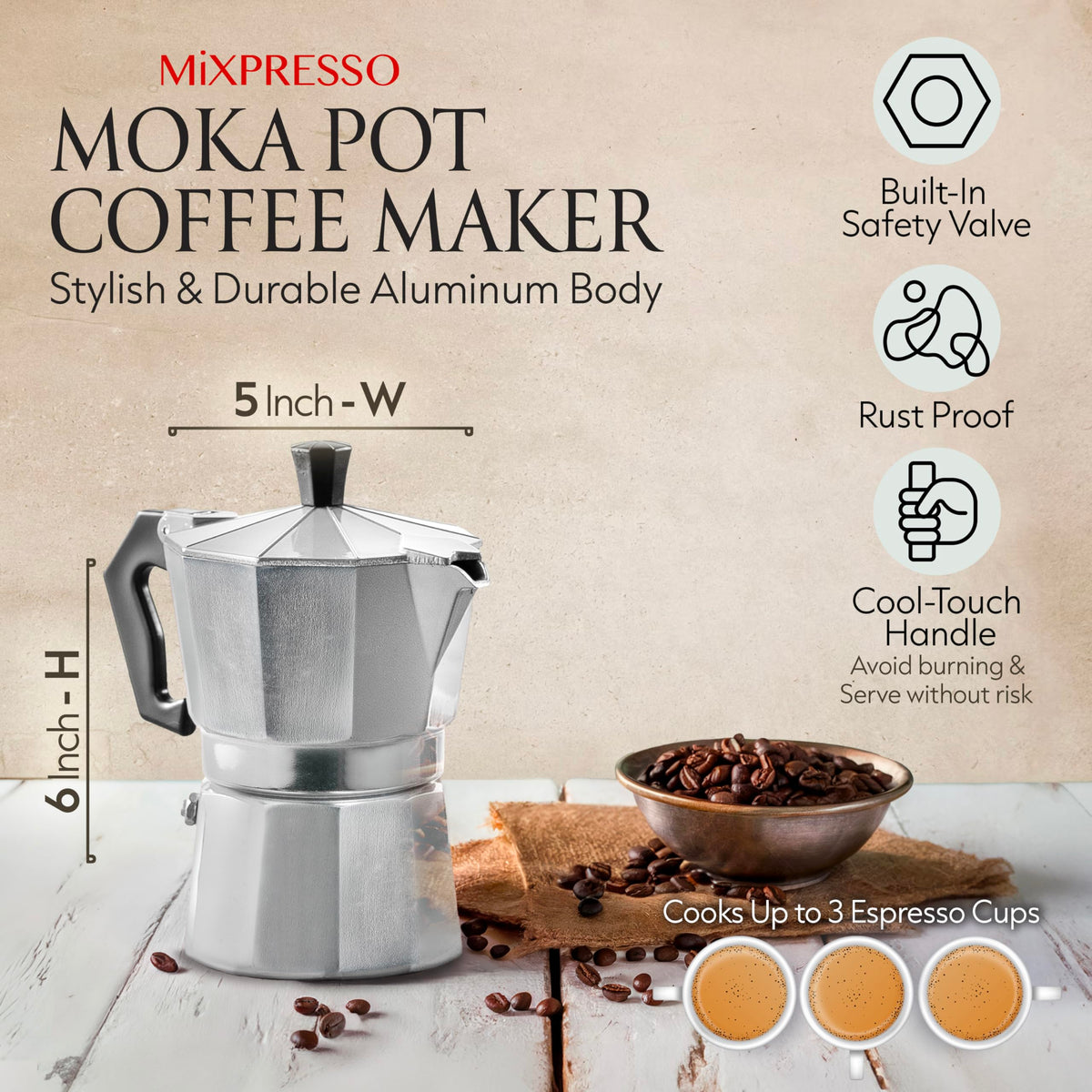 Mixpresso Moka Pot handle design provides secure grip during brewing.