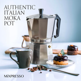 Mixpresso moka pot on induction hob demonstrating versatile compatibility.