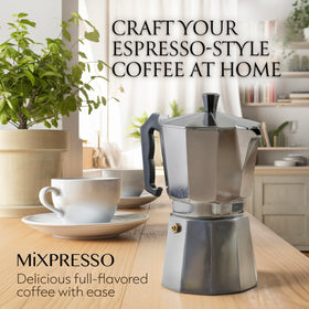 Mixpresso serving espresso from the 6-cup moka pot in cups