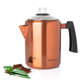 Mixpresso percolator close-up on polished stainless steel body for durable outdoor brewing.