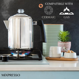 Mixpresso percolator with cool-touch handle for safe, comfortable pouring.