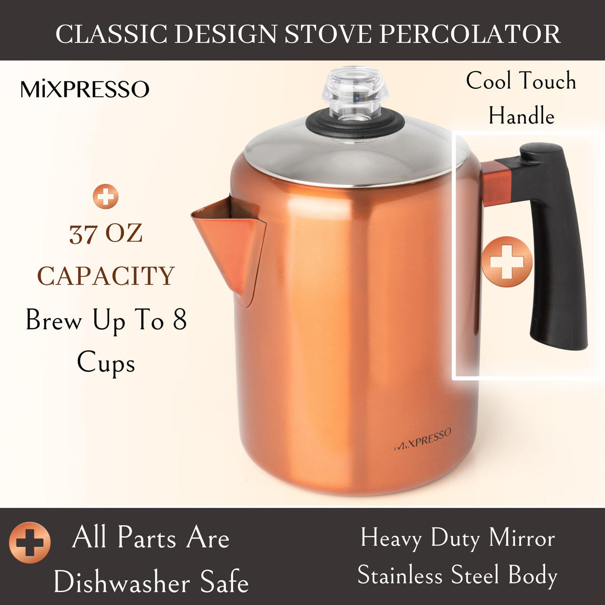 Mixpresso percolator with cool-touch handle ready for safe camp use.