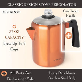 Mixpresso percolator with cool-touch handle ready for safe camp use.