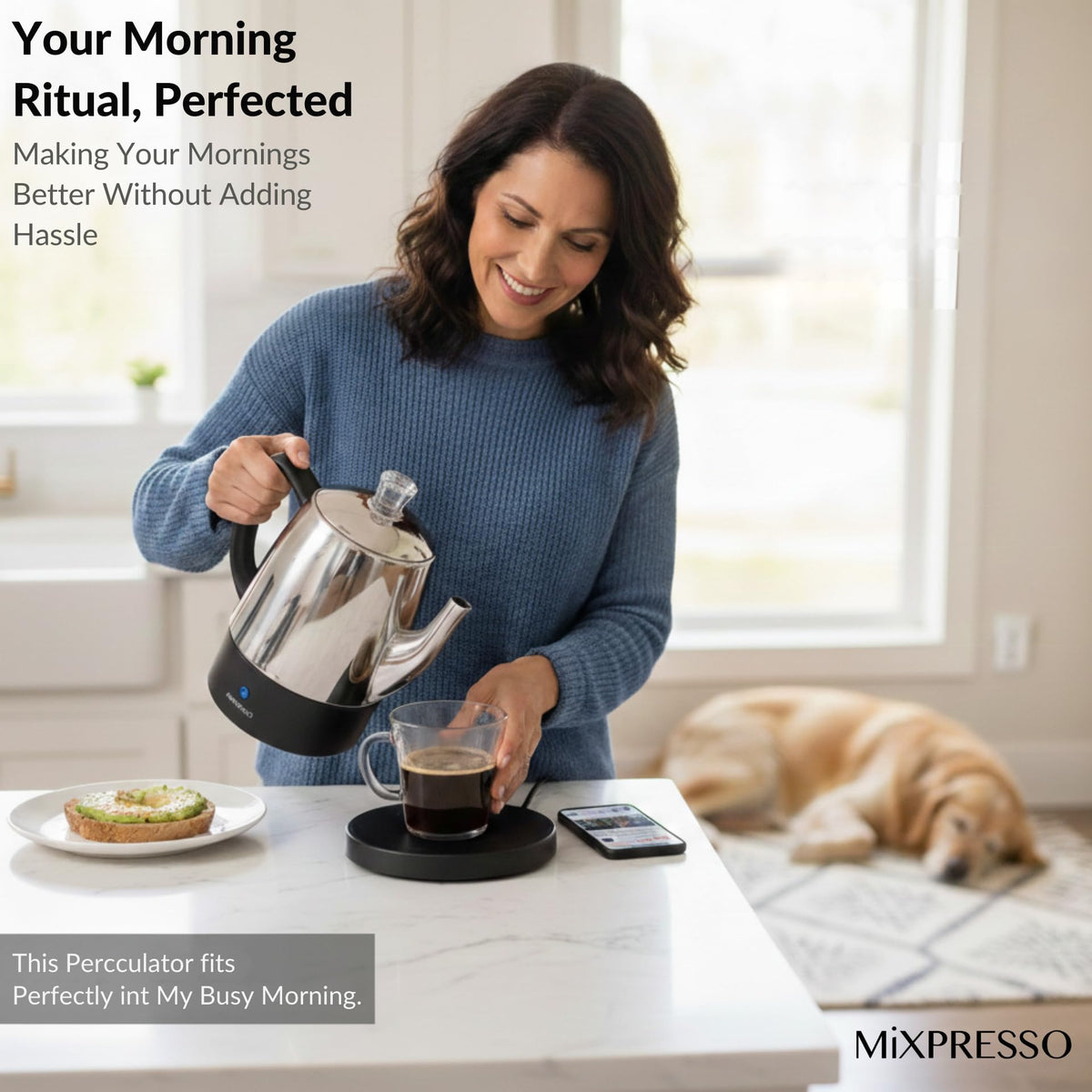 Mixpresso percolator detachable power cord reduces clutter on counters.