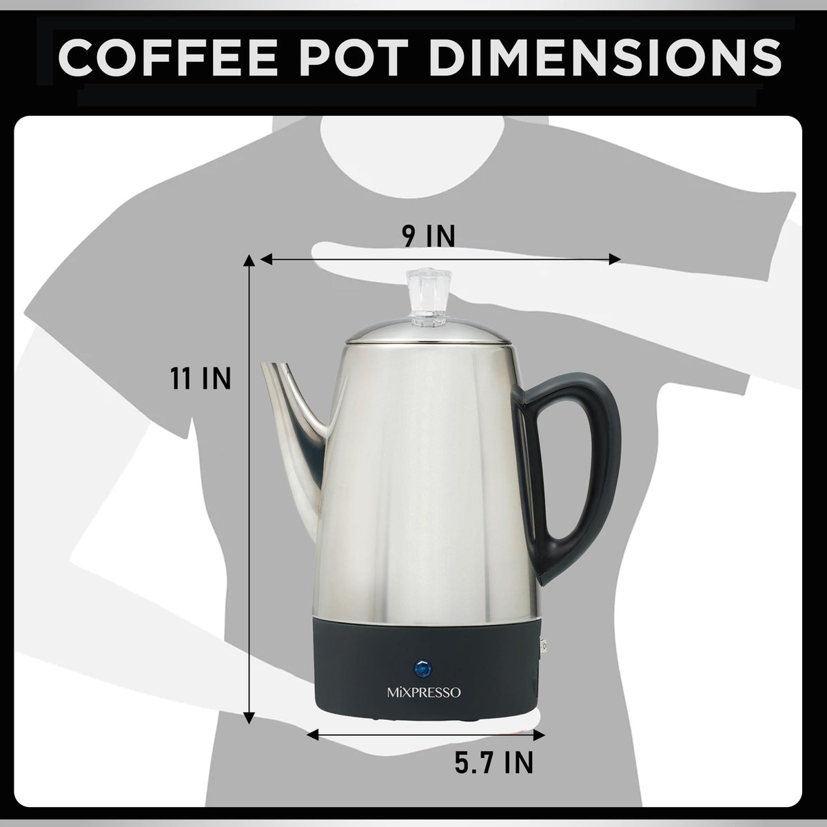 Front view of Mixpresso percolator showing easy-pour spout for smooth servings