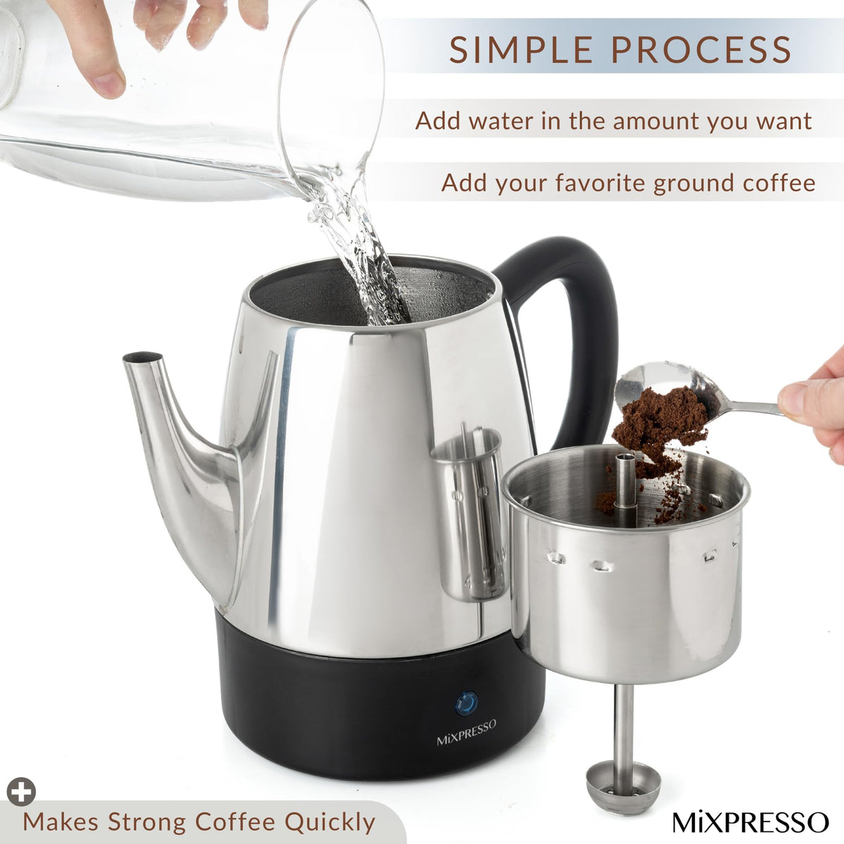 Mixpresso percolator in-use morning kitchen inviting aroma of fresh brew.