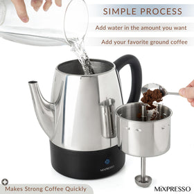 Mixpresso percolator in-use morning kitchen inviting aroma of fresh brew.