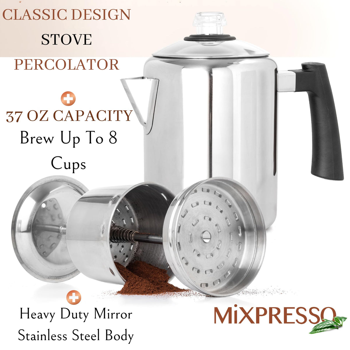 Mixpresso percolator on camp stove brewing outdoors with rich aroma.